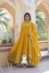 Fancy V Neck Embroidered Gown in Faux Georgette