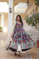 Designer V Neck Russian Silk Gown with Embroidered Dupatta