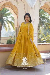 Fancy V Neck Embroidered Gown in Faux Georgette