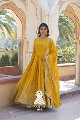 Fancy V Neck Embroidered Gown in Faux Georgette