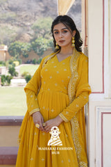 Fancy V Neck Embroidered Gown in Faux Georgette