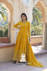 Fancy V Neck Embroidered Gown in Faux Georgette