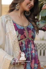 Full Sleeve Russian Silk Gown with Cutwork Dupatta