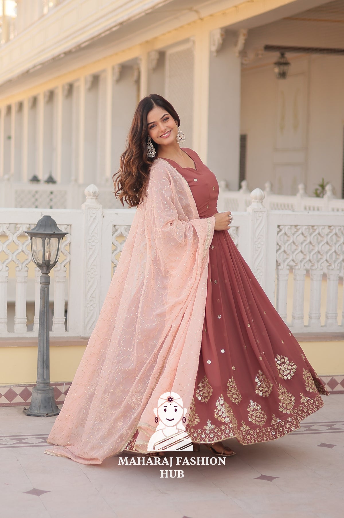 Special Designer Gown in Faux Georgette with Zari & Sequins Work