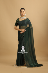 ✨ Elegant Dark Green Embroidered Saree with 5.5 Meter Length | 1 Meter Embroidery Blouse | Double Arco Border ✨