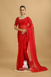 🏮 Elegant Red Simmer Silk Saree with Heavy Gold Embroidered Blouse