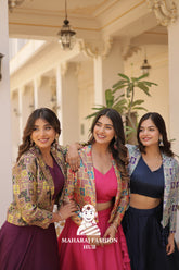 Fancy Flair Chinnon Lehenga with Sleeveless Blouse and Stylish Jacquard Koti