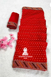 Stunning Red Wedding Saree (5.5m) with 1m Heavy Embroidered Blouse & Simple Blouse Piece