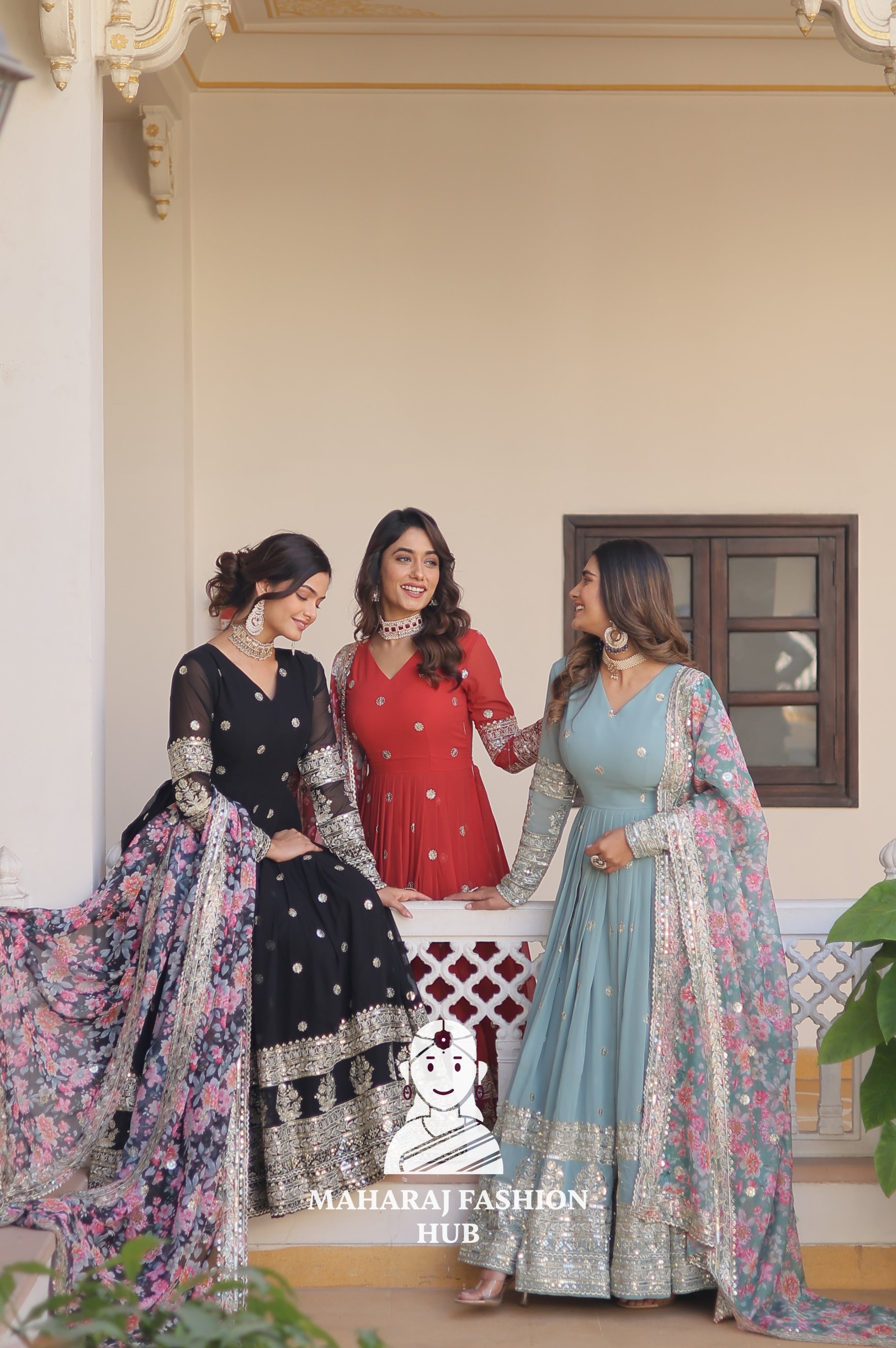 Full-Length Faux Georgette Embroidered Gown with Zari Sequins Detailing