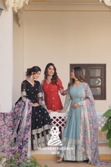 Full-Length Faux Georgette Embroidered Gown with Zari Sequins Detailing