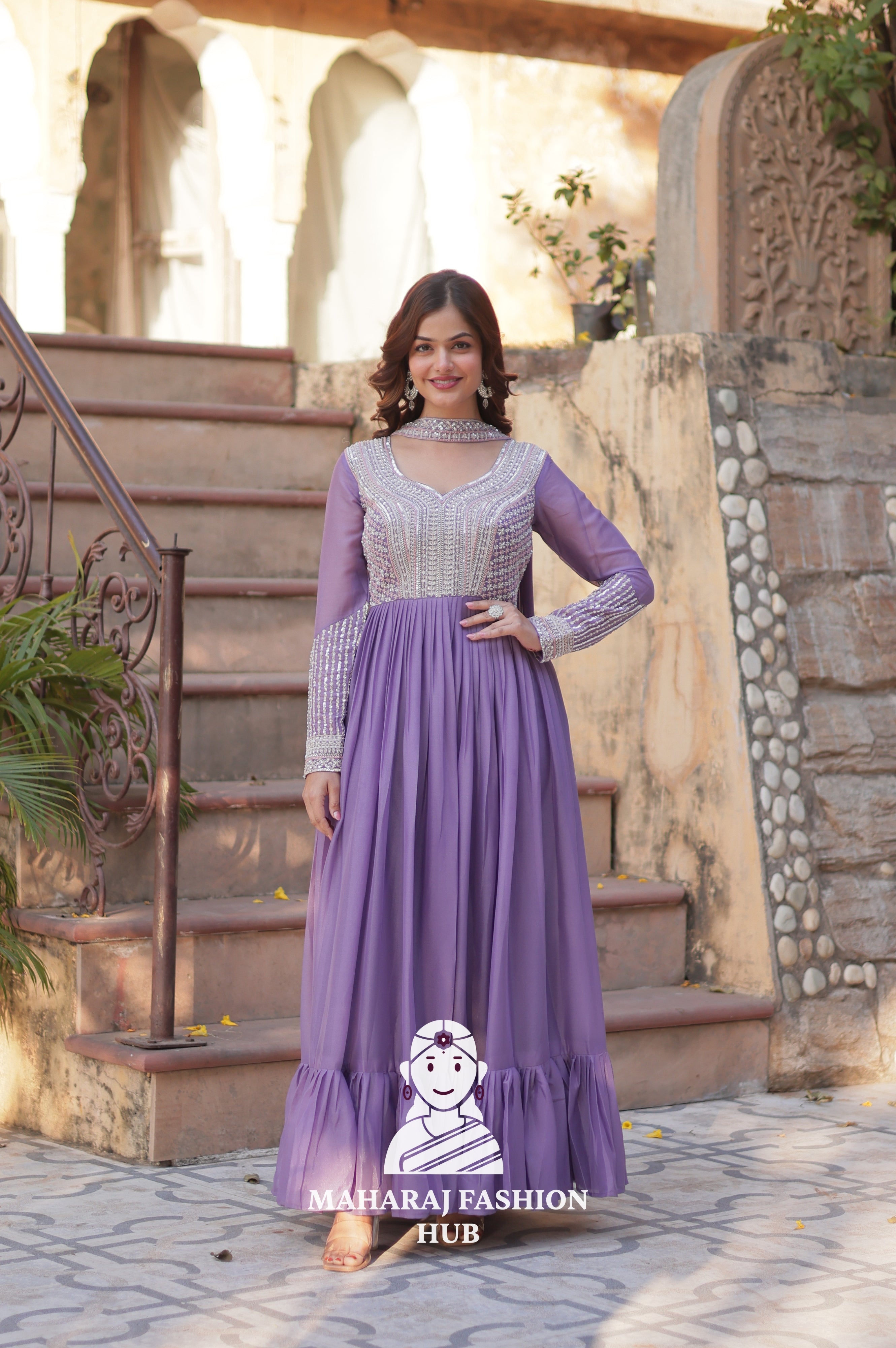 🧵 Star Georgette Gown with Heavy Work & 5 M Flair Grandeur - Special Designer Gown