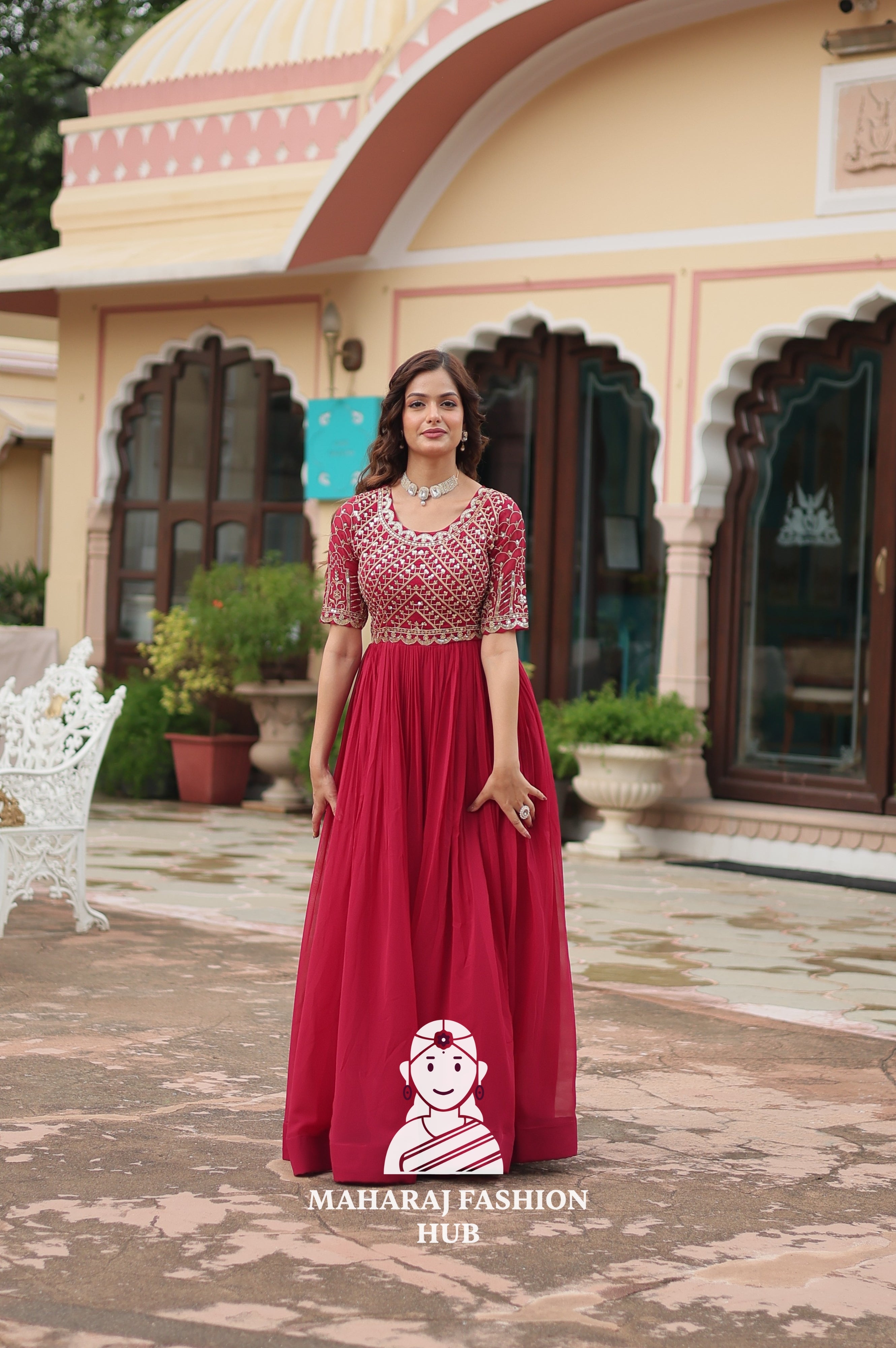Beautiful Embroidered Faux Blooming Gown with Cotton Lining