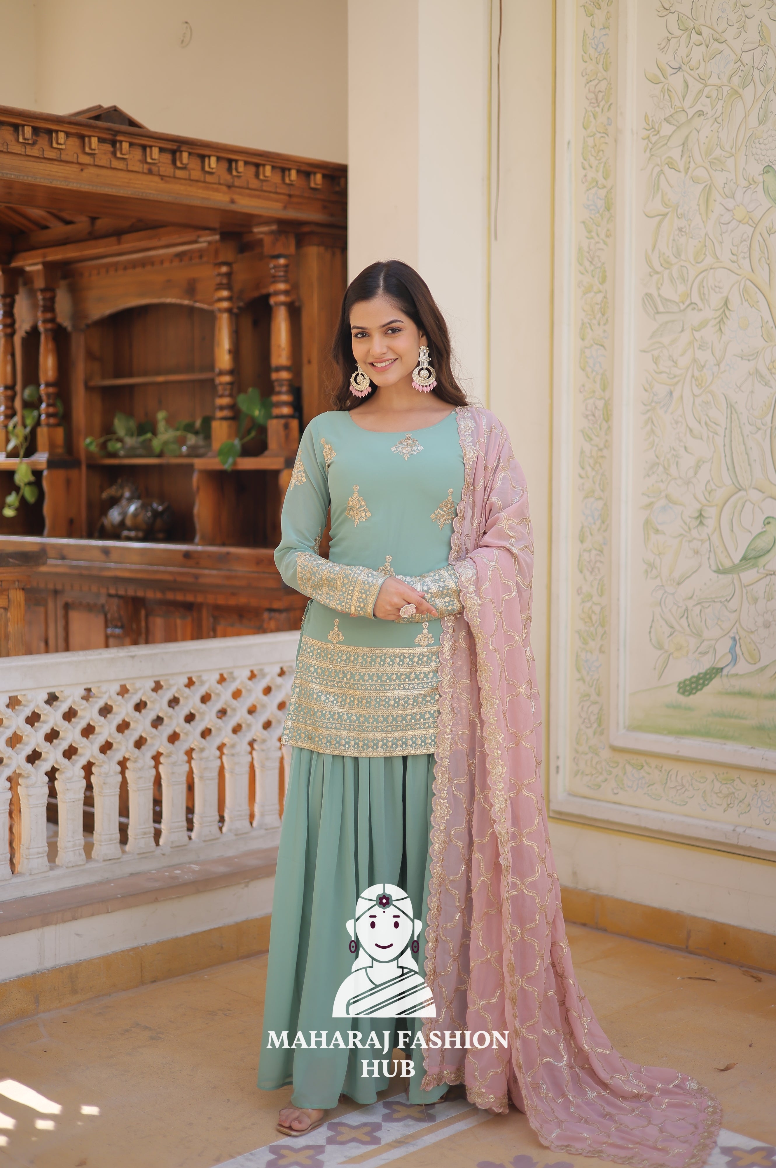 3 - Piece : Festive Ready Kurti Set with Elastic Plazzo & Designer Neckline