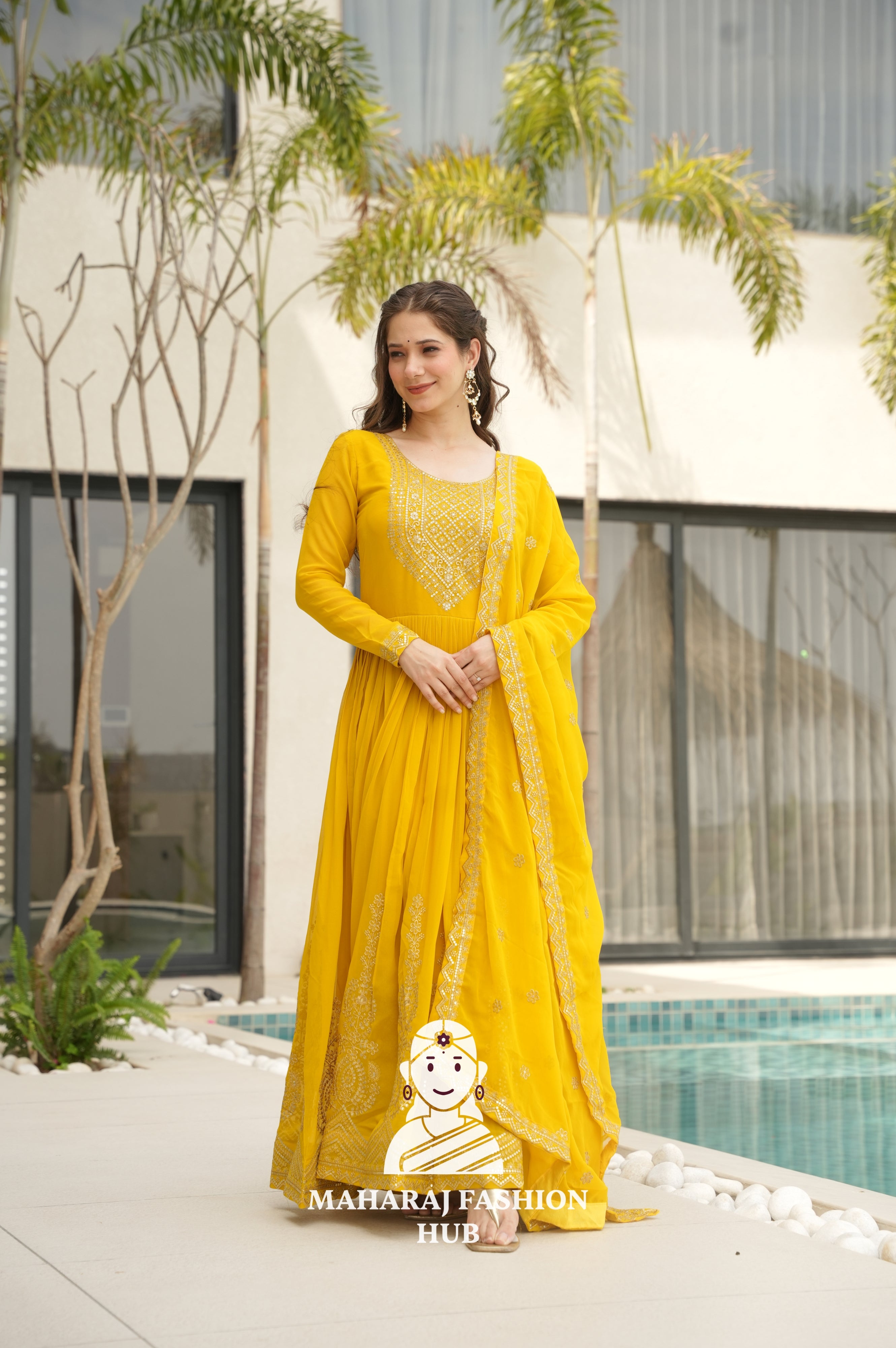 💫 Elegant Round Neck Gown in Faux Blooming Fabric - Special Designer Gown