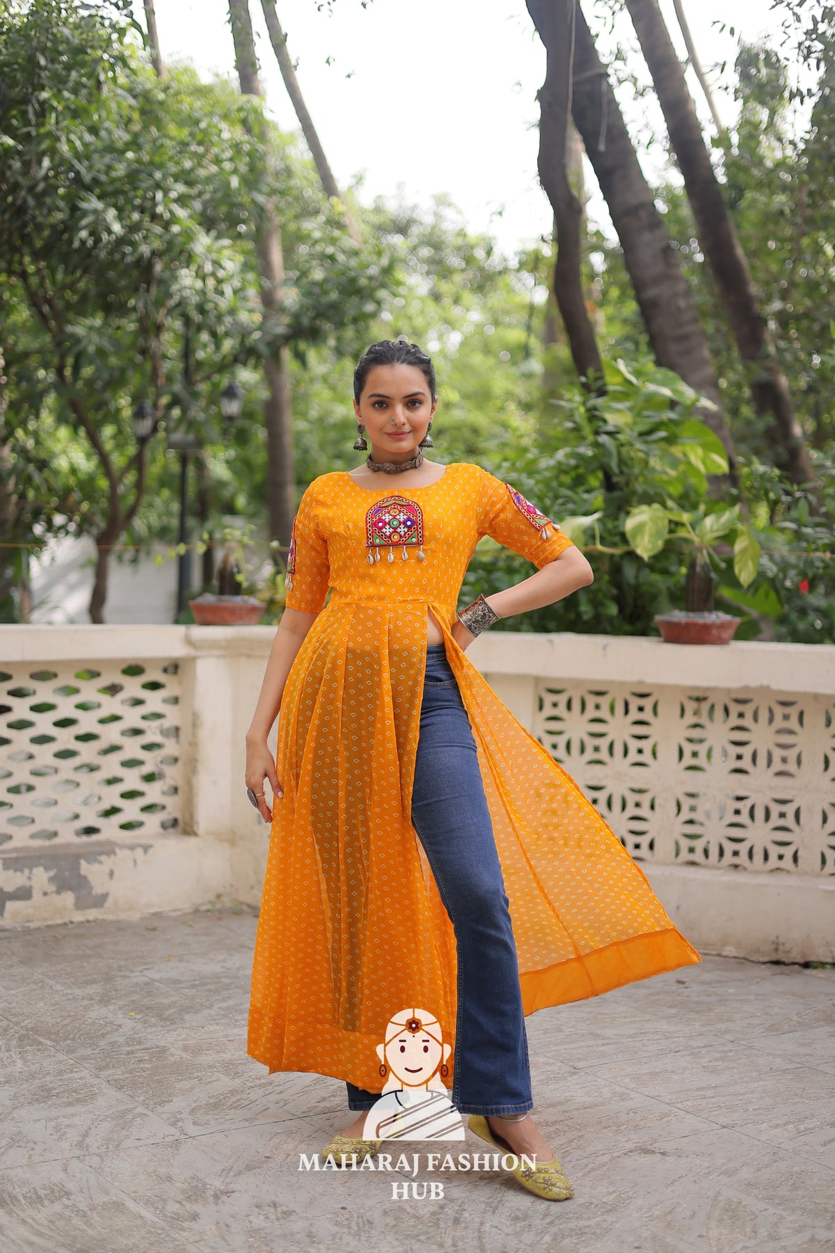 Premium Faux Georgette Bandhani Print Kutchi Patch Kurti Collection 💫🎶