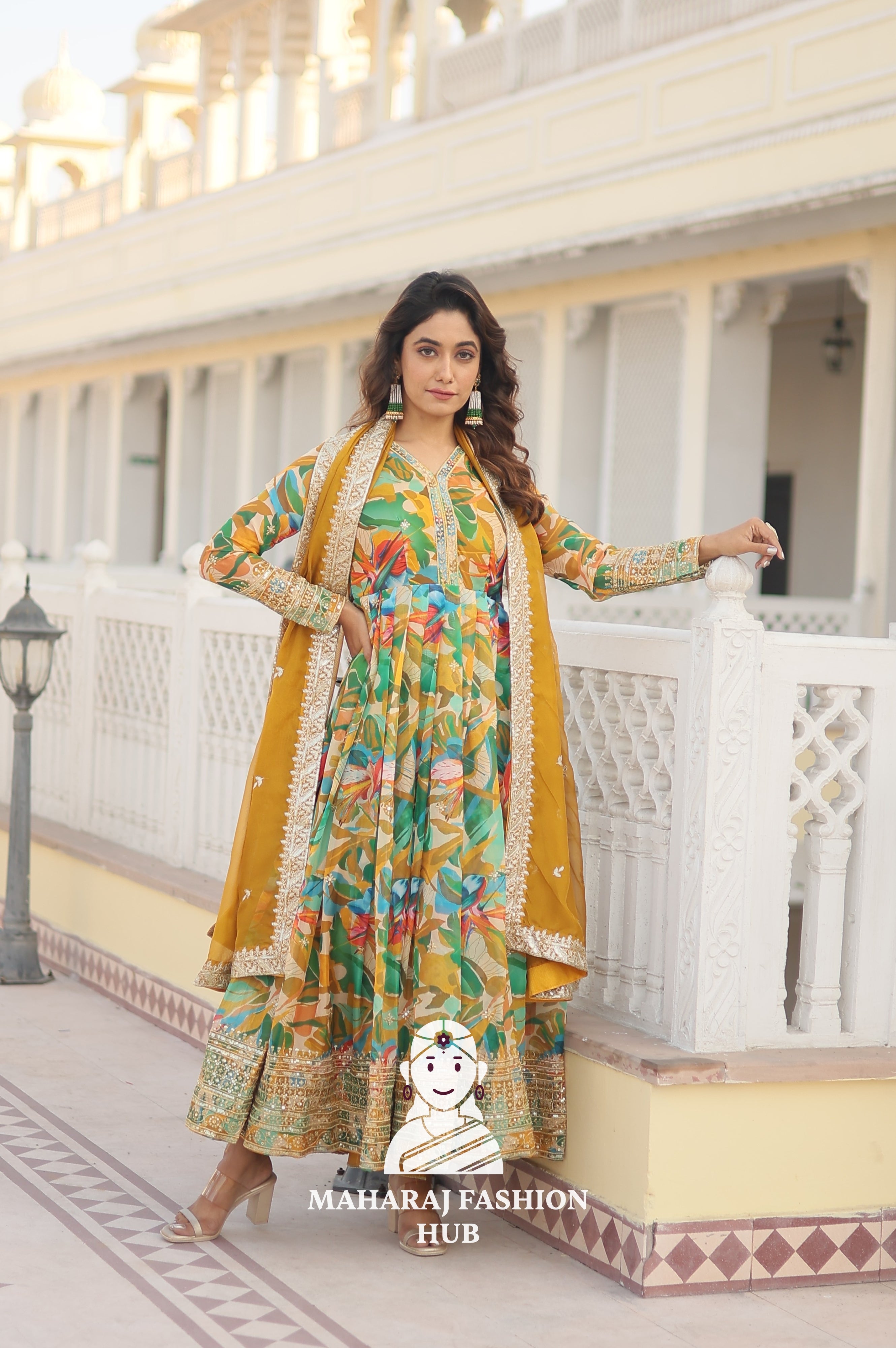 Embroidered Russian Silk Gown Set with Fancy V Neck - Special Designer Gown
