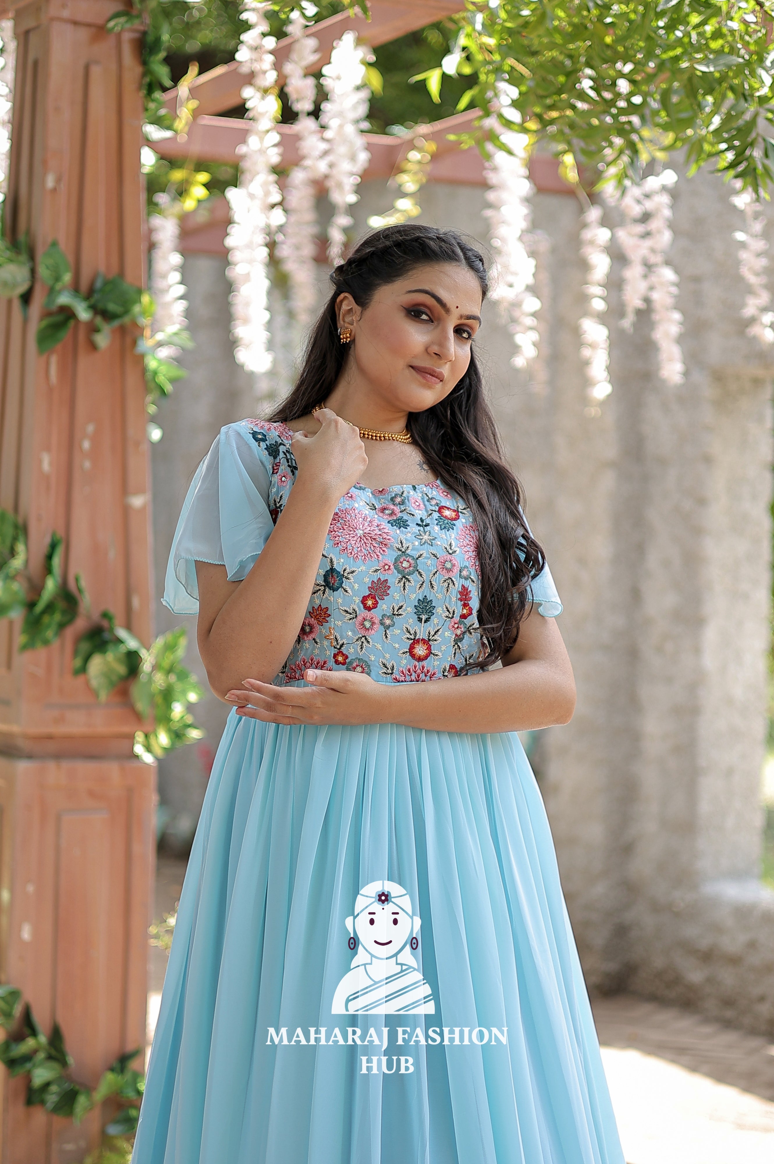 ✨ Cotton Lined Frill Stitch Gown in Faux Georgette | Wedding & Party Essential