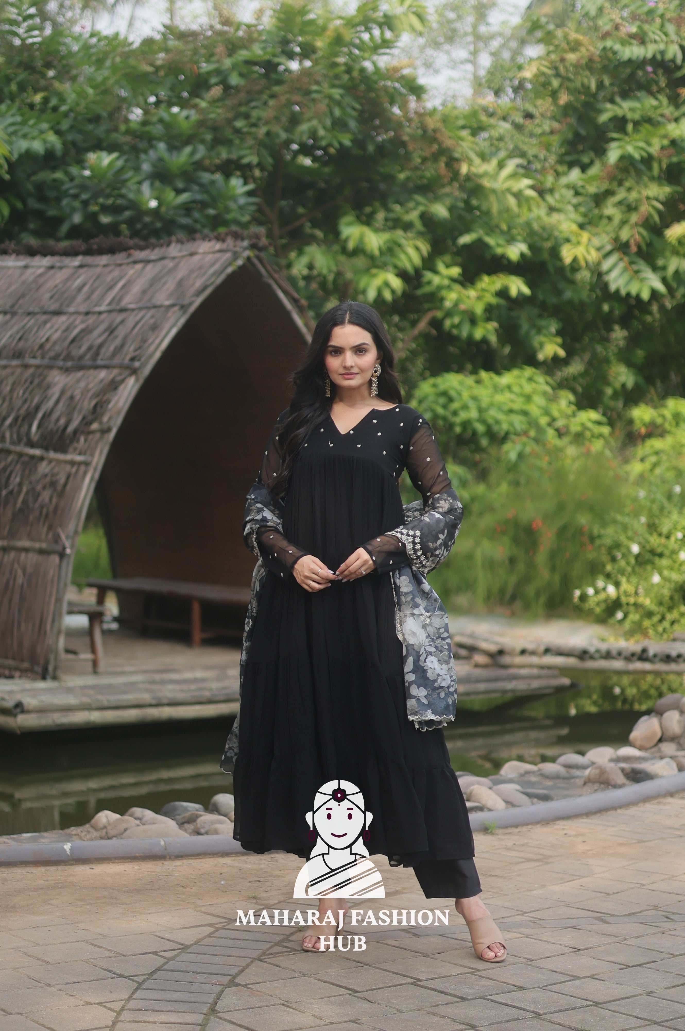 🌸 Faux Blooming Butti Work Set with 4-Layer Frill Gown & Organza Dupatta