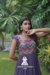👑 Frill Shoulder Designer Gown with Square Neck & Embroidered Finish