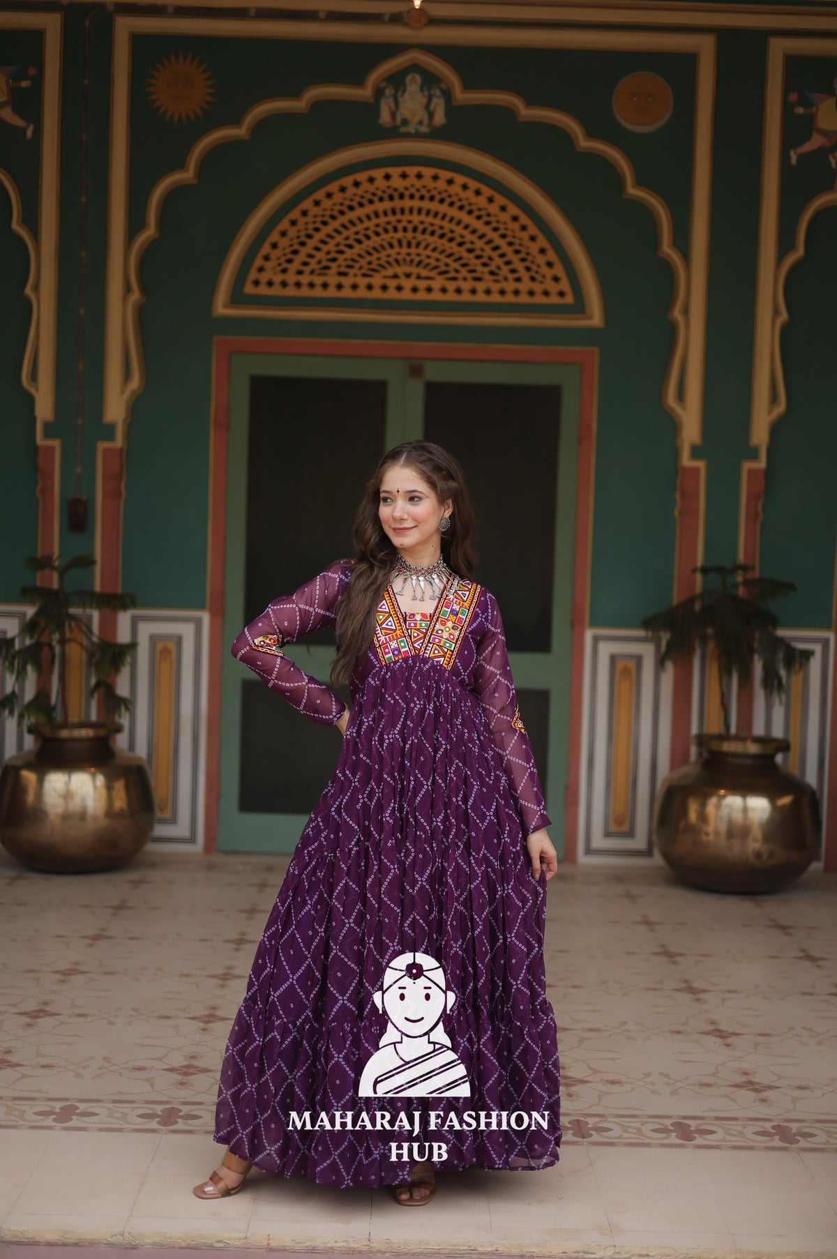 Faux Georgette Gown with Kutchi Patch and Bandhani Artistry
