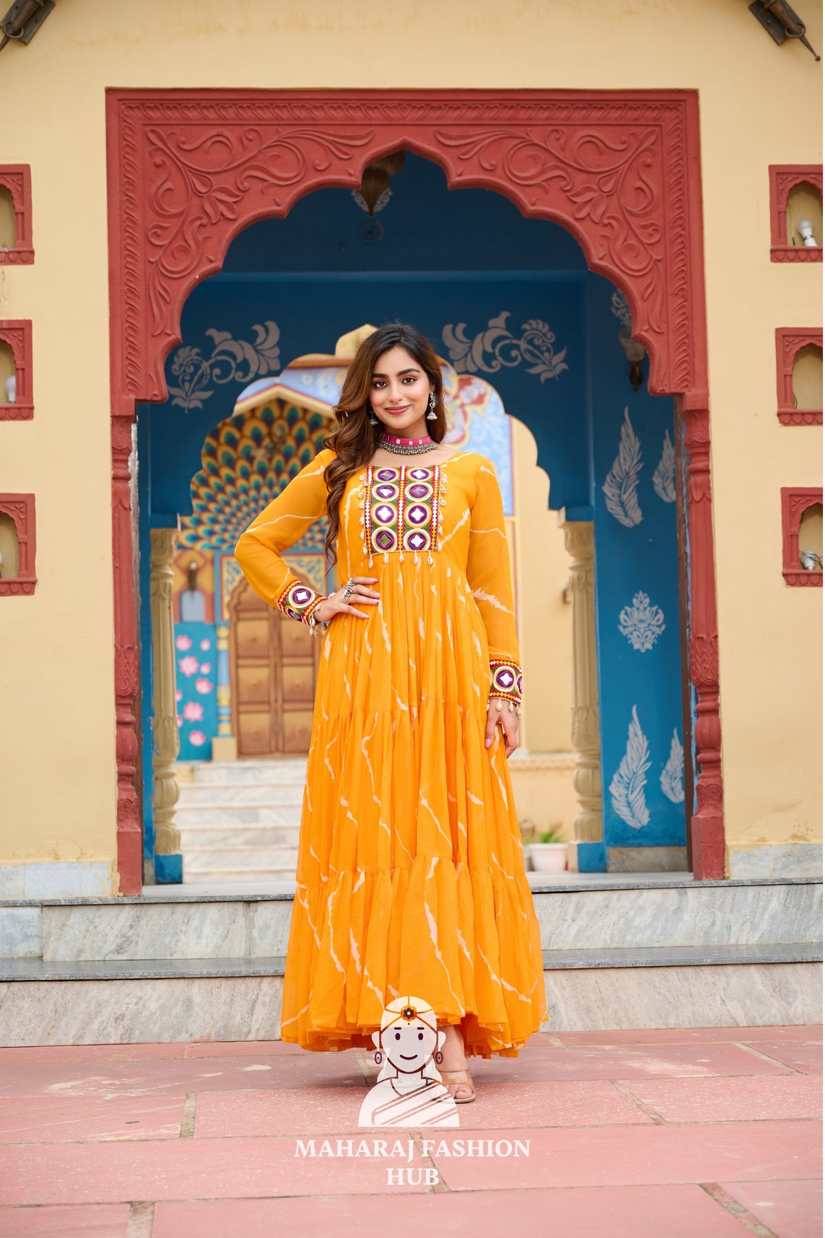 Premium Faux Georgette Laheriya Navratri Gown with Kutchi Embroidery 🌸🪔