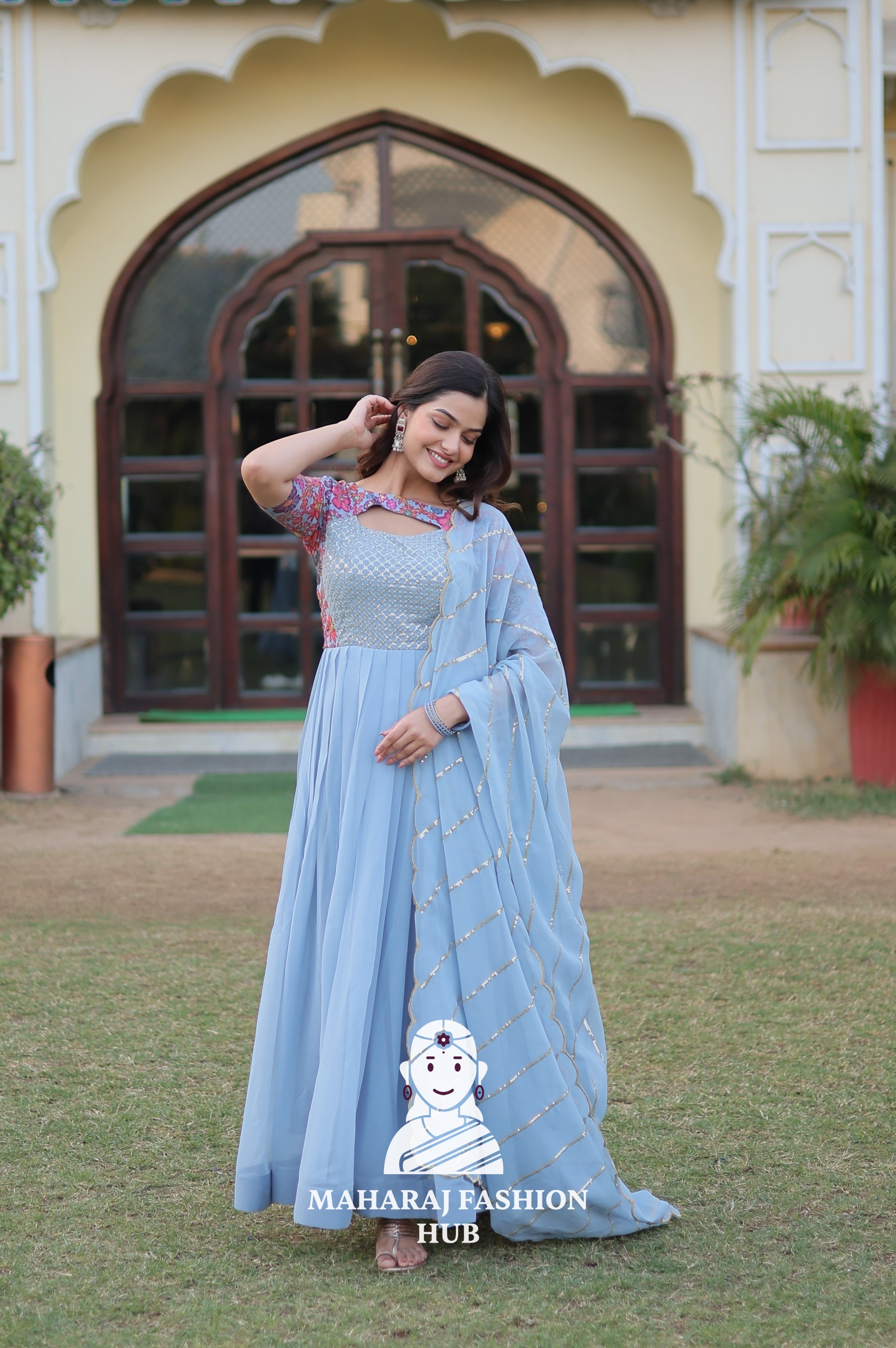 Floral Printed Faux Georgette Gown with Cut-Work Dupatta