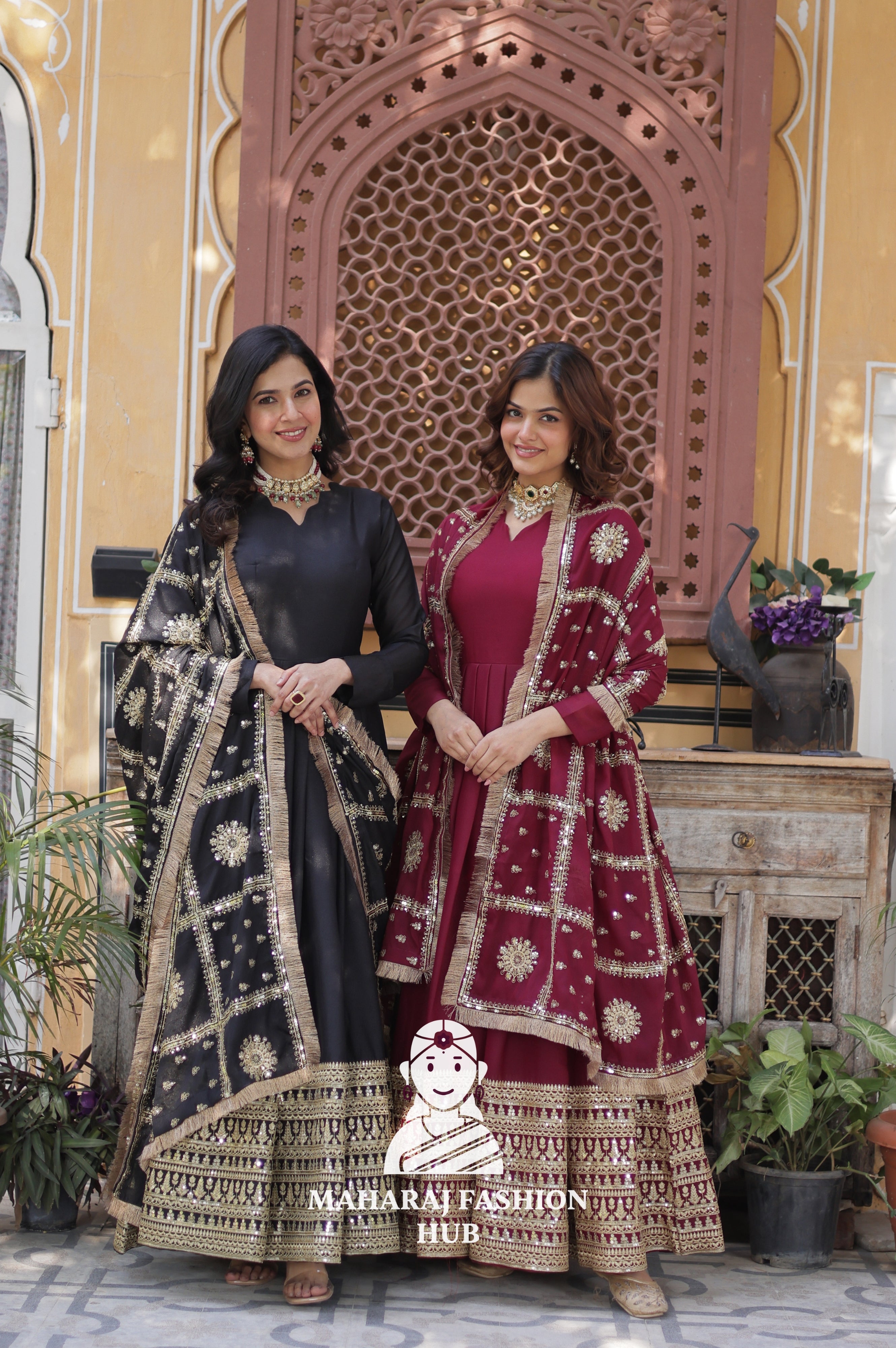 🪡 Zari Sequins Gown with Fancy Neck & Lace Border Dupatta - Special Designer Gown