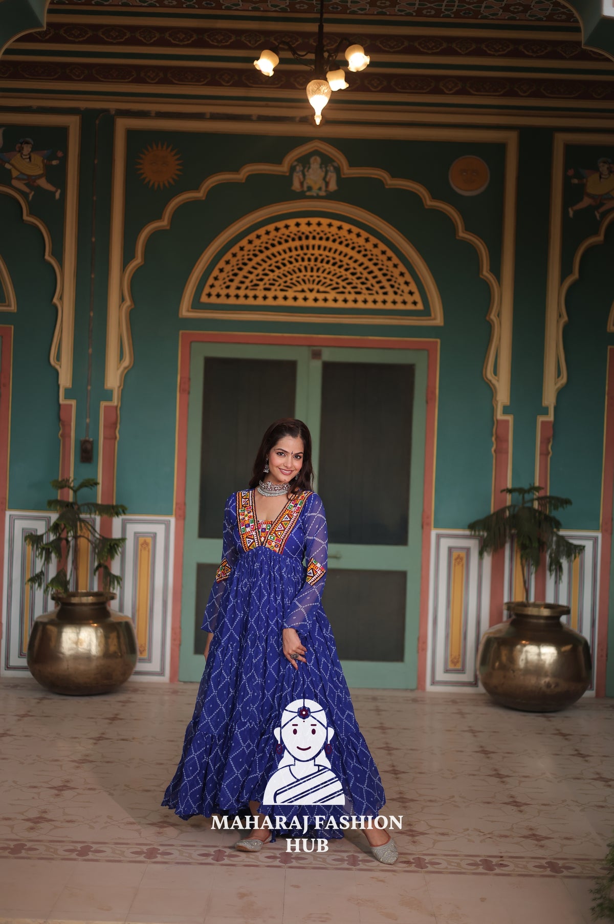 Bandhani Print Faux Georgette Gown with Kutchi Patchwork Detailing