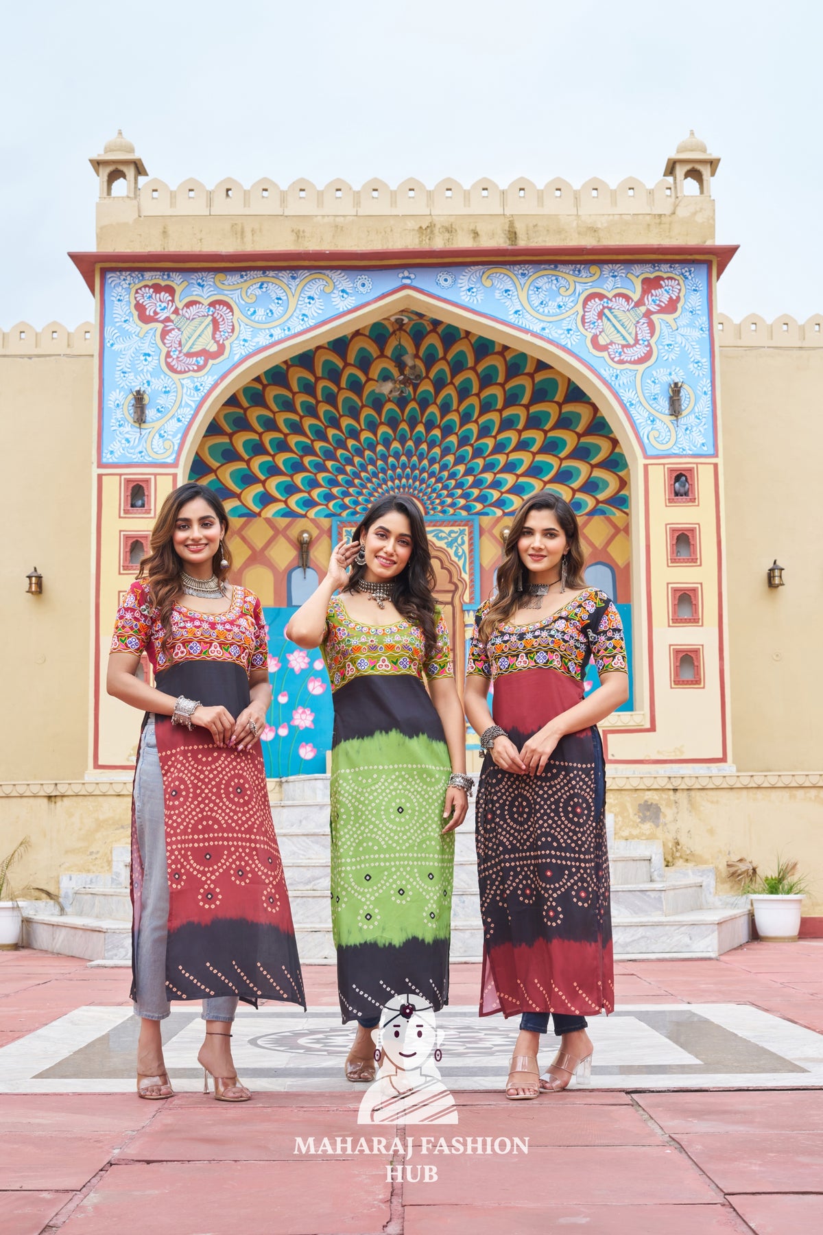 Navratri Combo - Graceful Half Sleeve Kutchi Gamthi Embroidery Printed Rayon Kurti 👑🌺