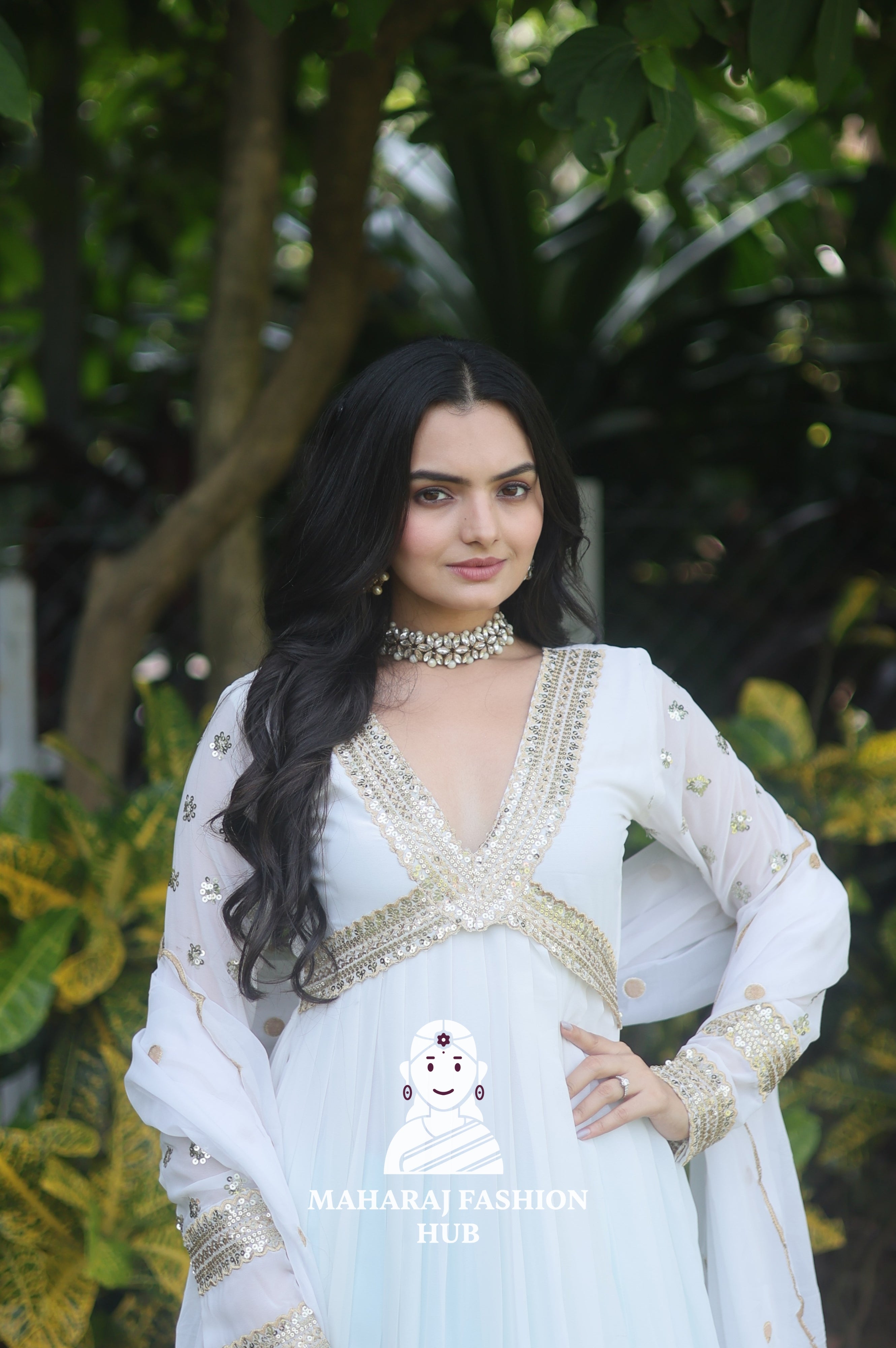 Zari-Sequined Faux Blooming Gown – With Fancy V Neck & Cut-Work Dupatta ✨
