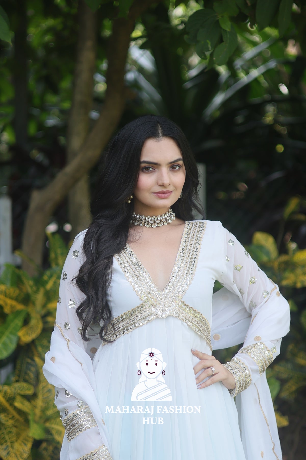 Zari-Sequined Faux Blooming Gown – With Fancy V Neck & Cut-Work Dupatta ✨