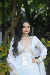 Zari-Sequined Faux Blooming Gown – With Fancy V Neck & Cut-Work Dupatta ✨