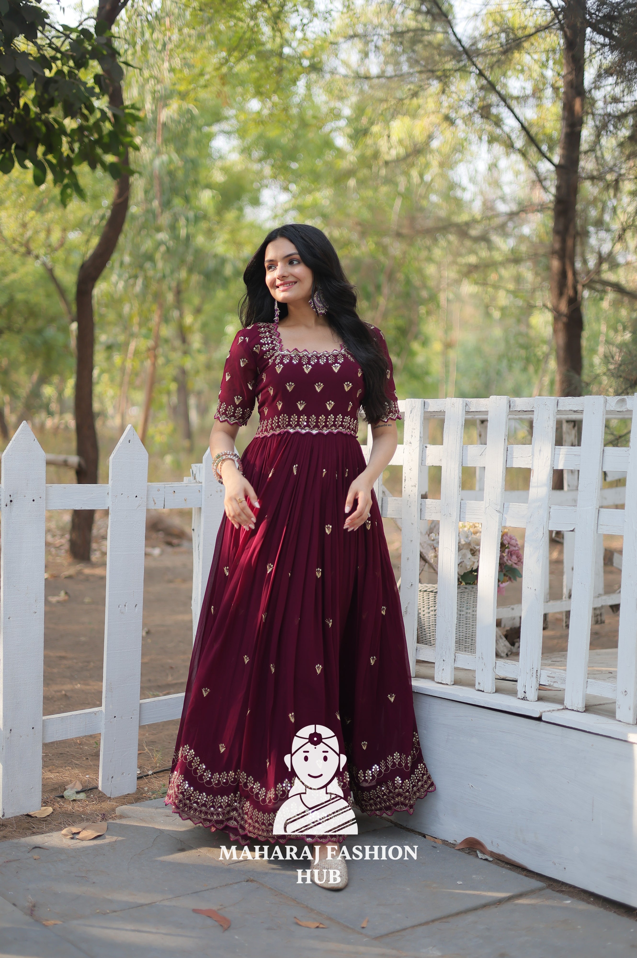 Elegant Faux Blooming Fabric Gown with Cut Work Sleeves