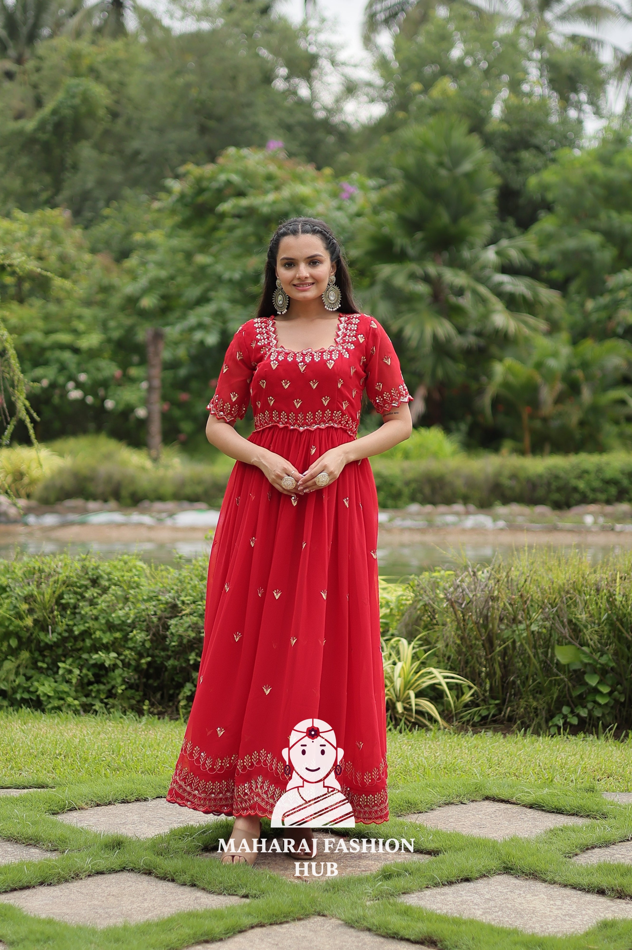 Sequins Embroidered Fabric Gown with Stylish Square Neck