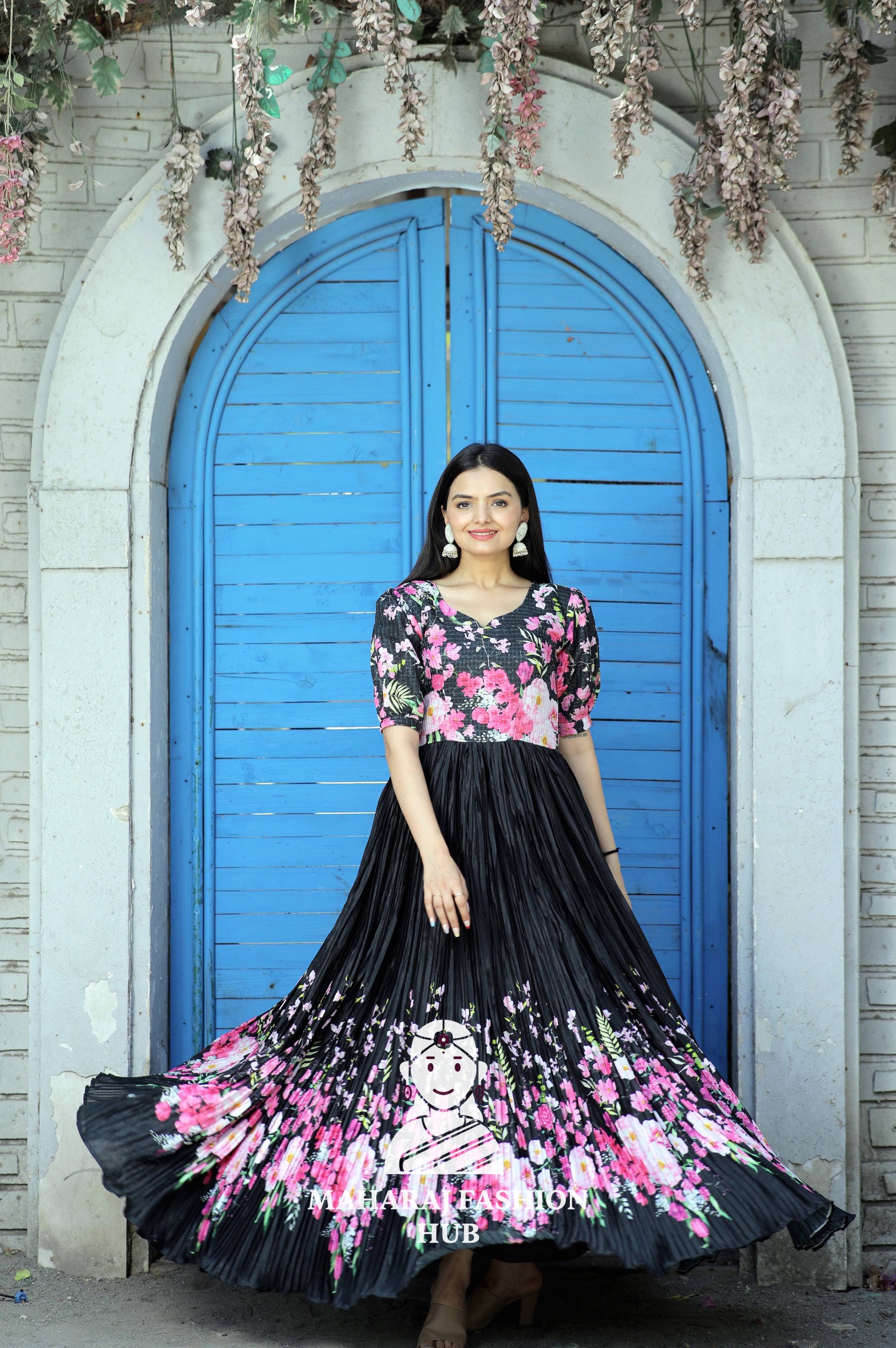 Elegant Digital Print Gown with Designer Neckline