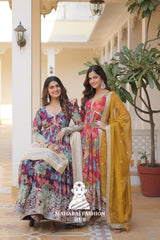 Embroidered Digital Print Gown in Russian Silk with Full Inner Lining