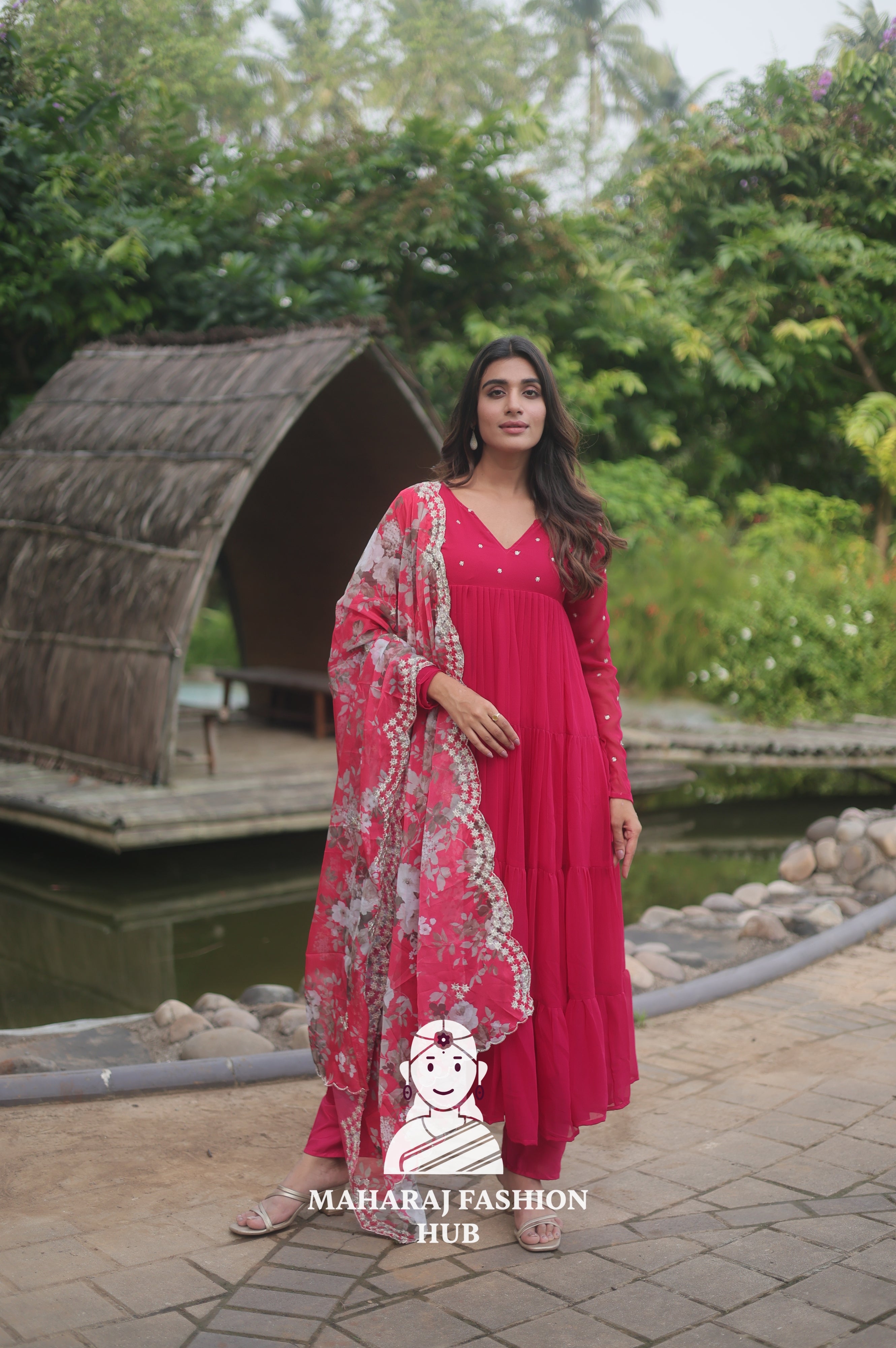 🪷 Floral Printed Organza Dupatta with Frill Gown & Micro Cotton Bottom