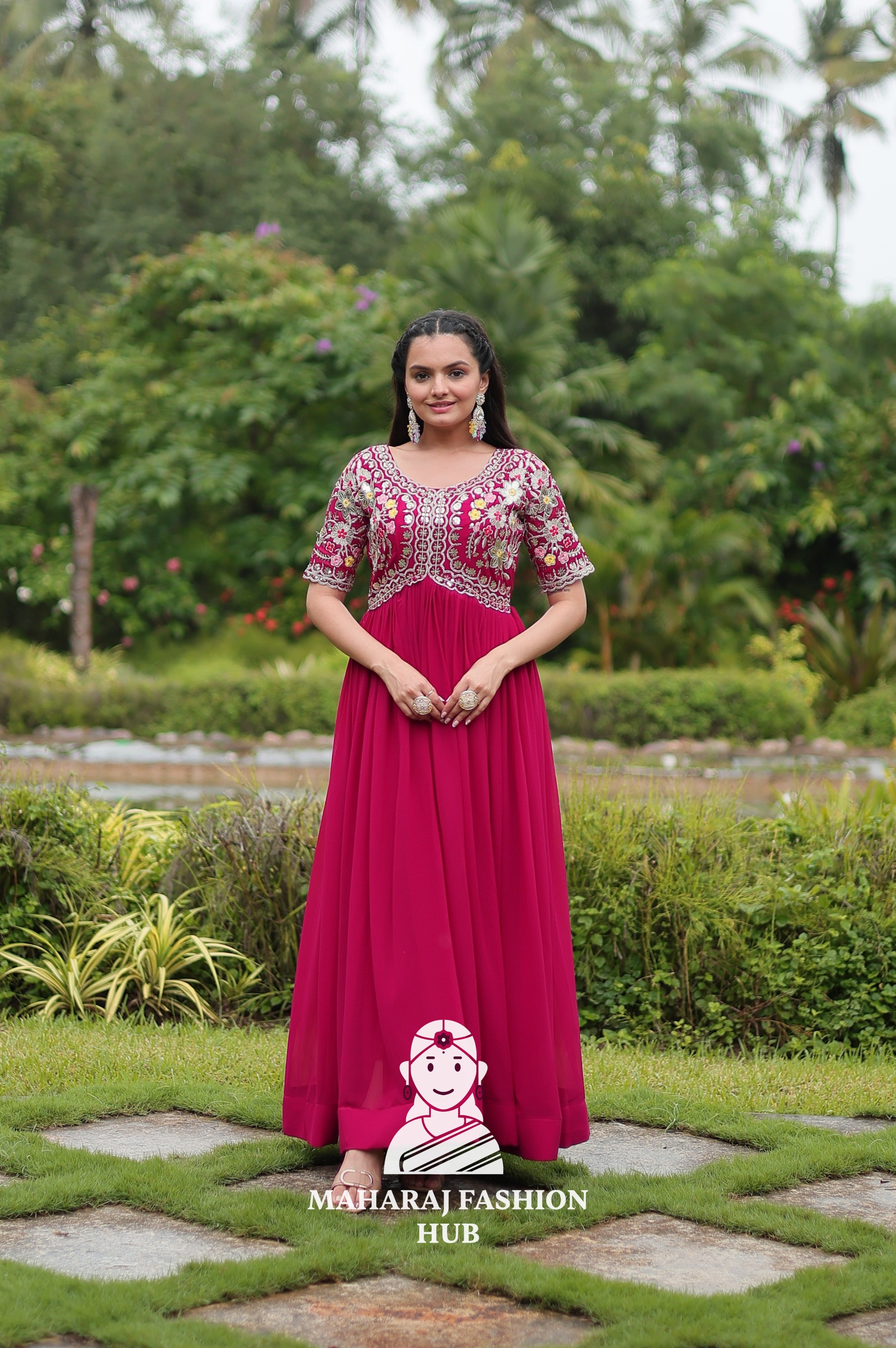 Half Sleeve Faux Blooming Fabric Gown with Luxe Finish