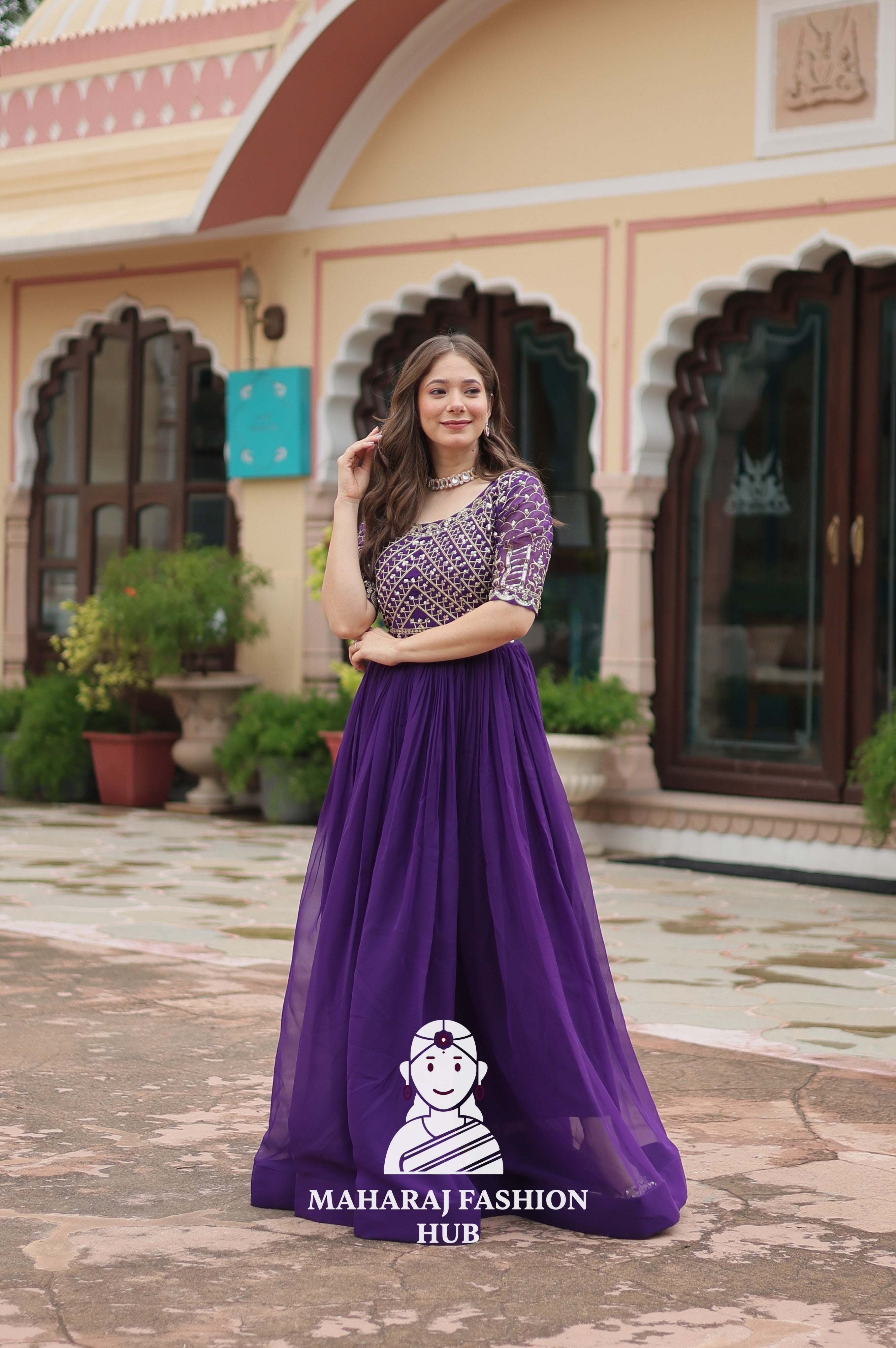 Designer Faux Blooming Gown with Zari Sequins Detailing