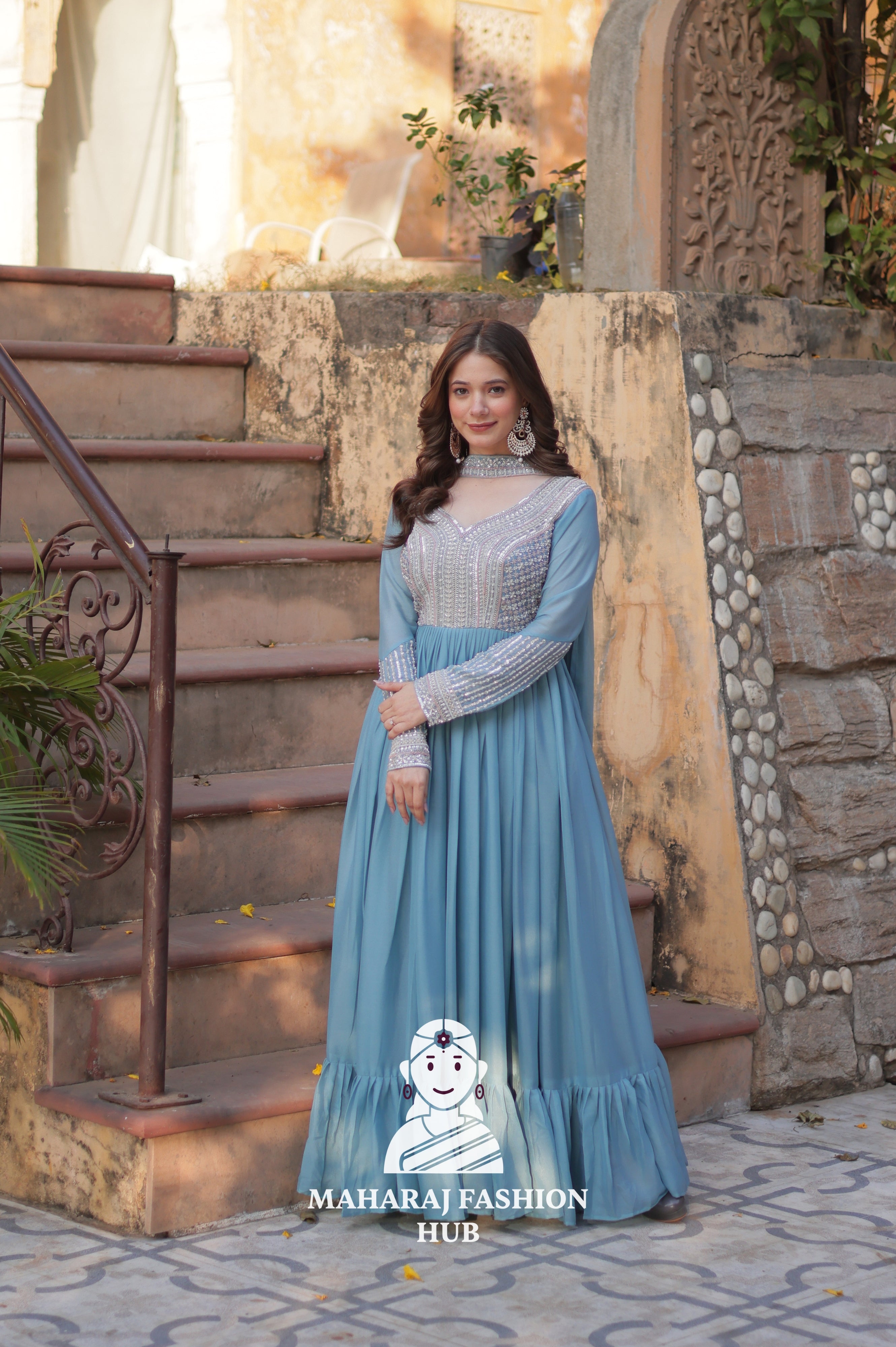 💫 Designer Gown in Star Georgette with Pan Neck & Full Embroidery - Special Designer Gown