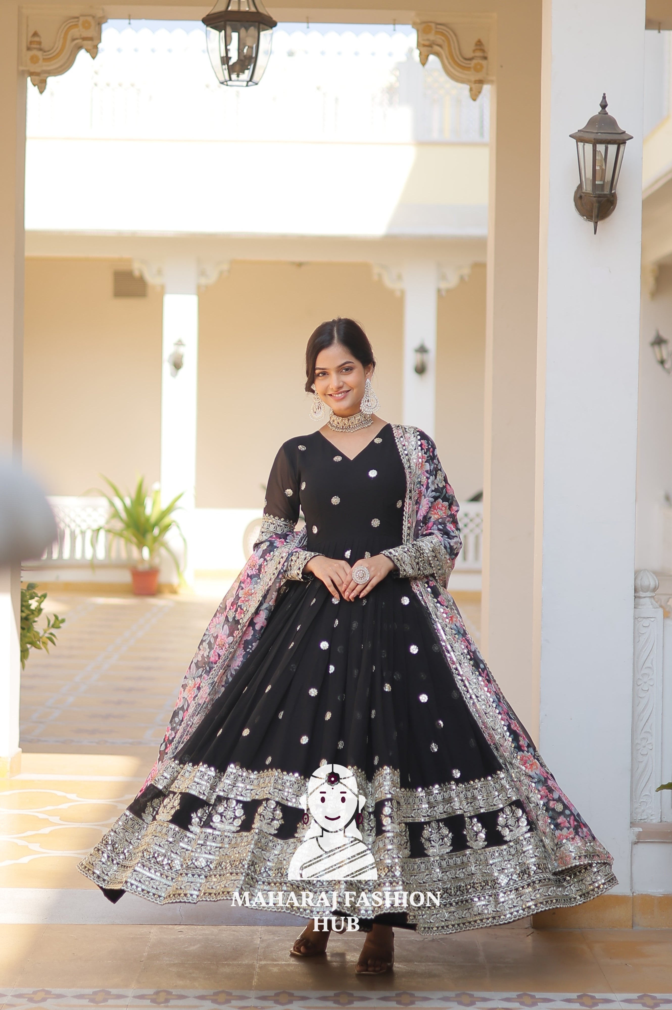 Partywear Faux Georgette Gown with Tabby Silk Cutwork Dupatta