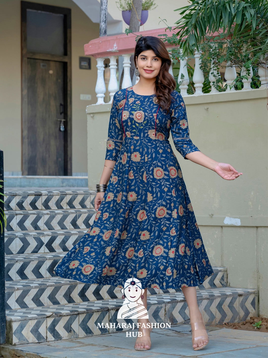 🎨 Navy Blue Ethnic Kurta with Printed Embroidery