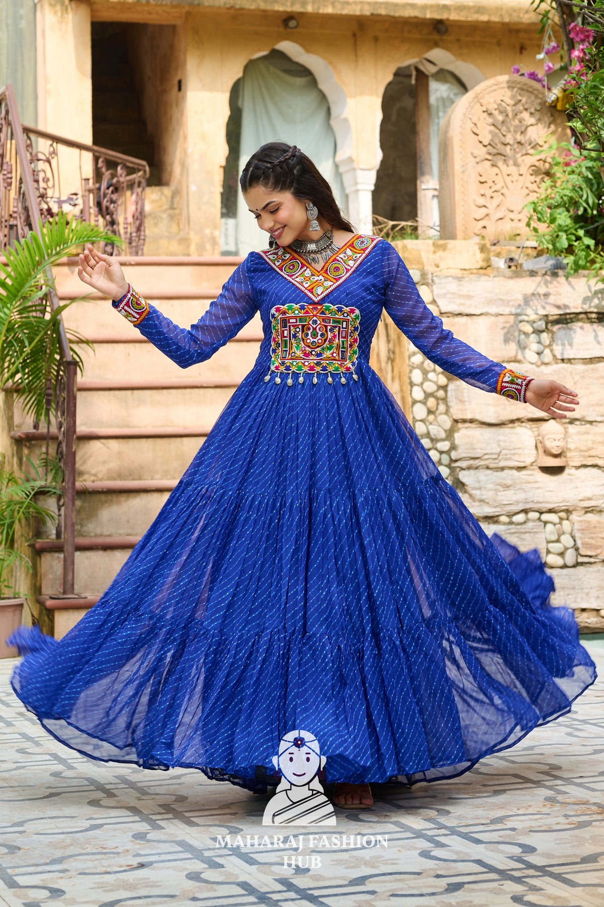 Navratri - Premium Faux Georgette Kutchi Patchwork Laheriya Navratri Gown Style 🎨🪔