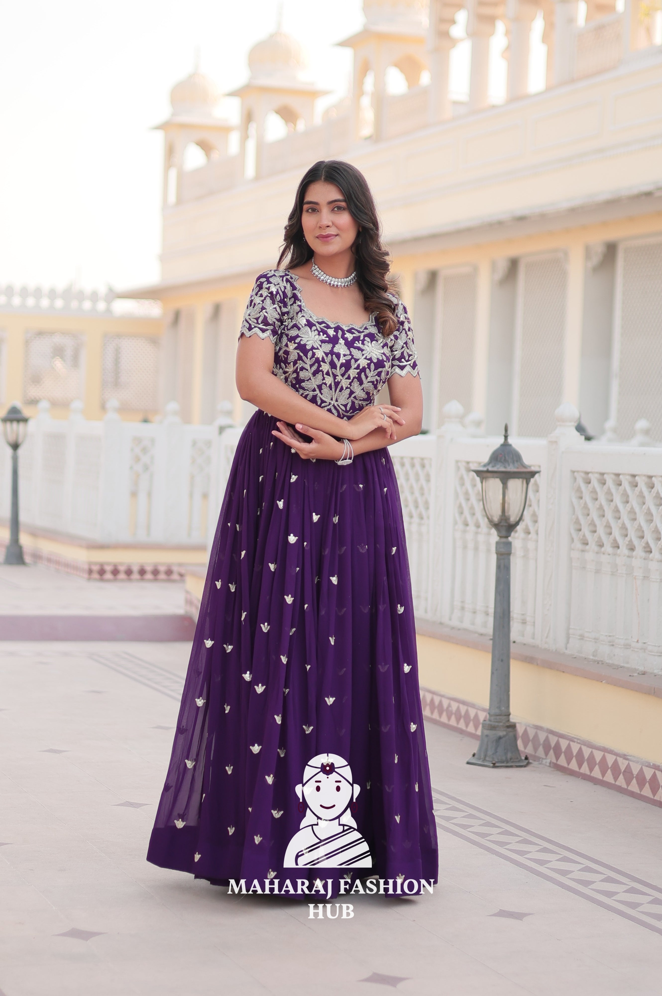 Faux Blooming Special Designer Gown with Cut-Work Sleeves & Canvas Stitching