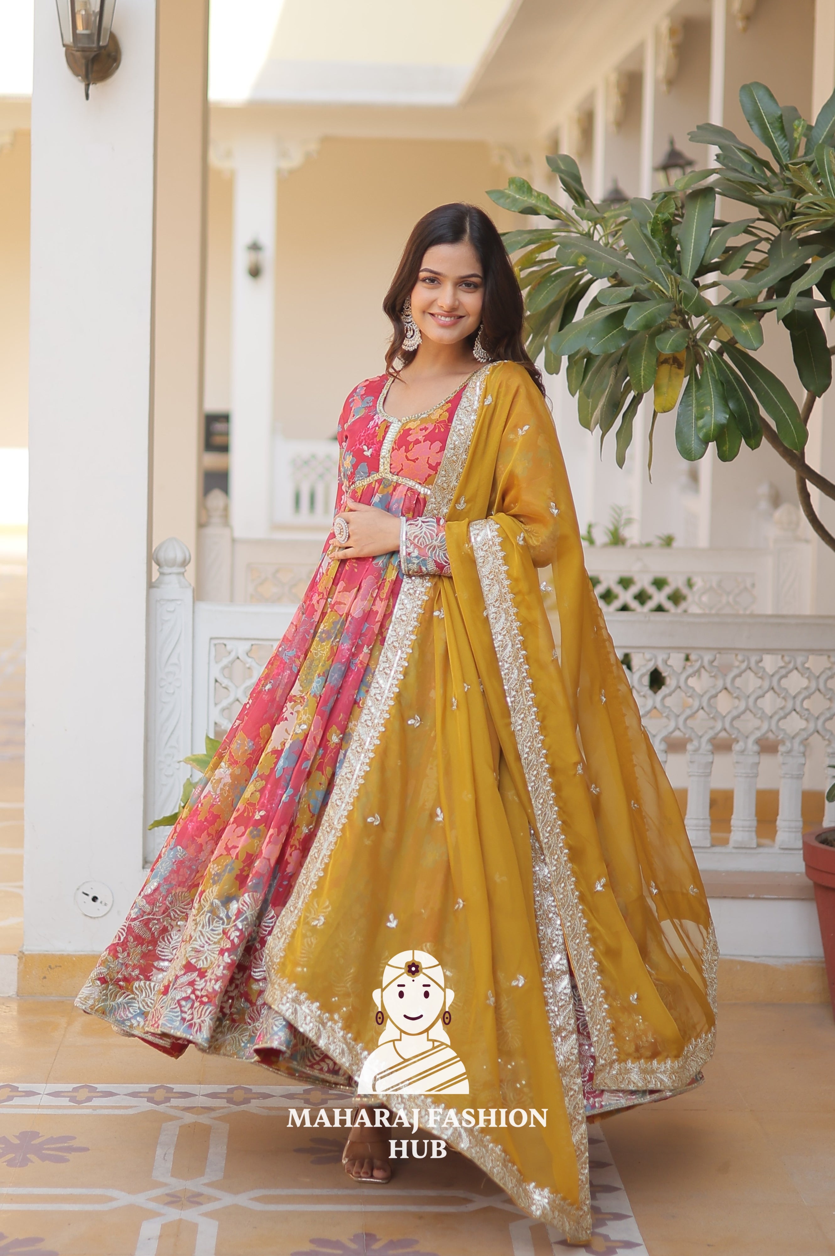 Designer V Neck Russian Silk Gown with Embroidered Dupatta