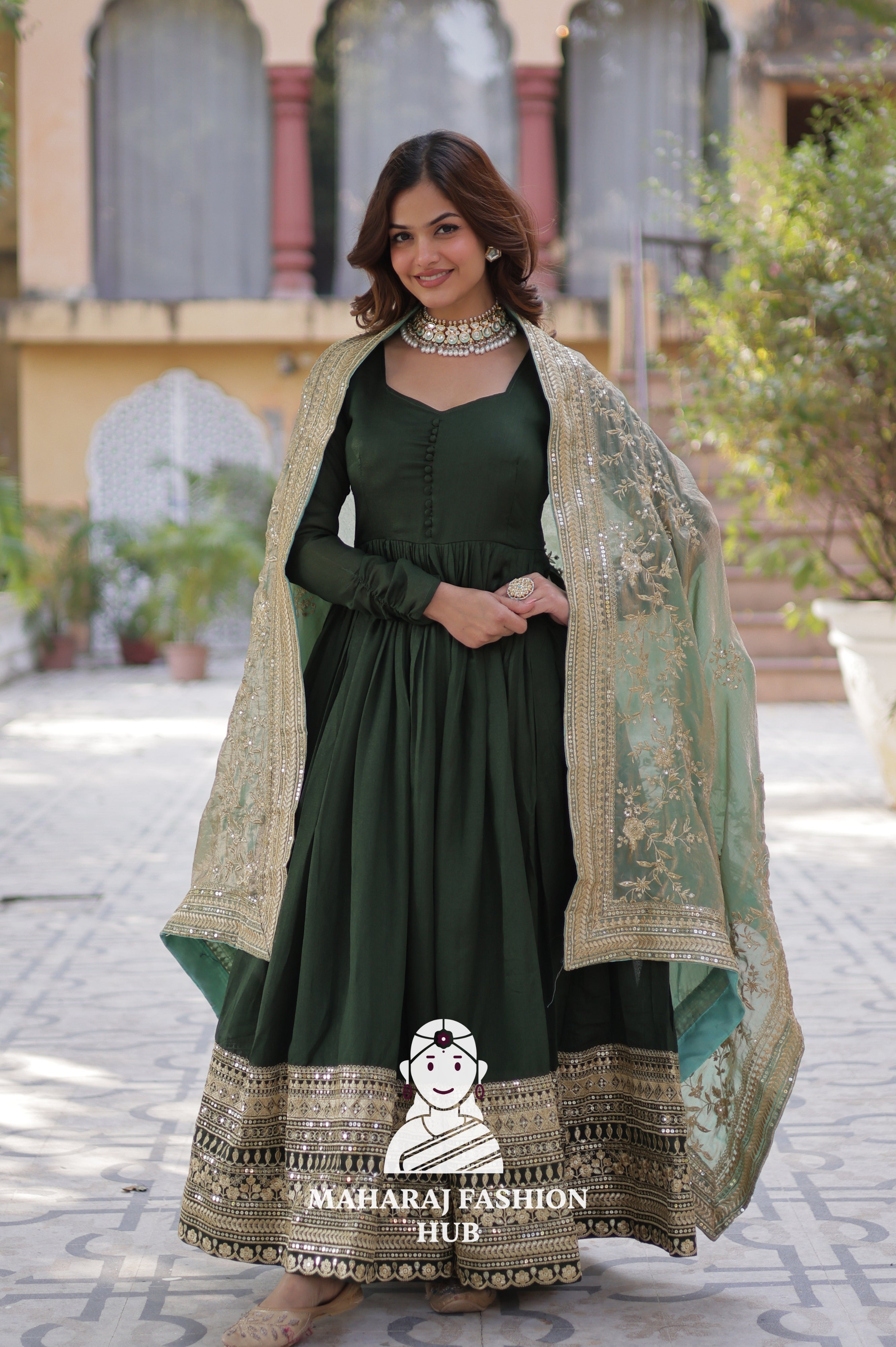 🎀 Ethnic Radiance in Vichitra with Full Sleeves & V-Neck - Special Designer Gown