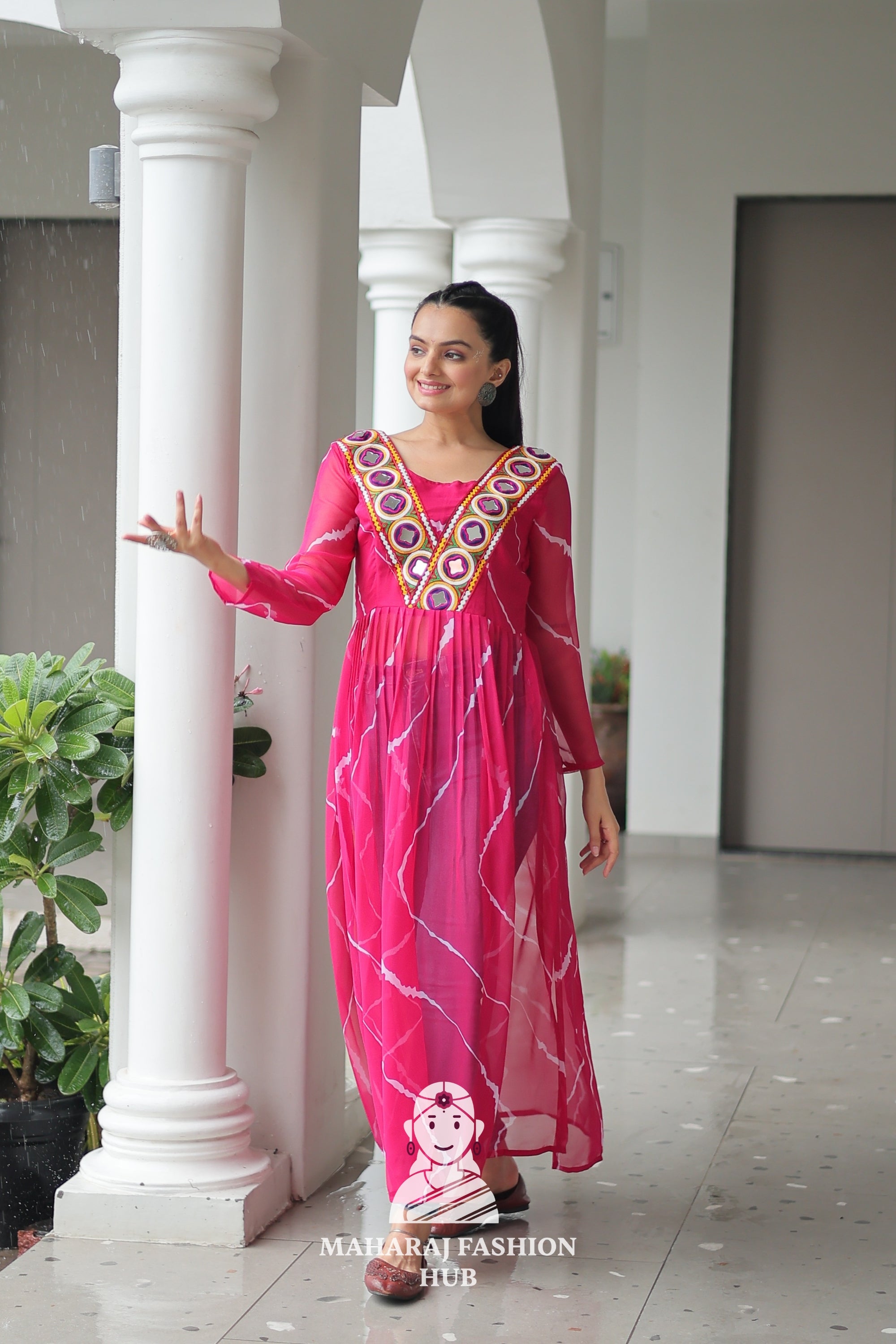 Navratri - Premium Faux Georgette Leheriya Kutchi Patchwork Navratri Kurti 🎶💃