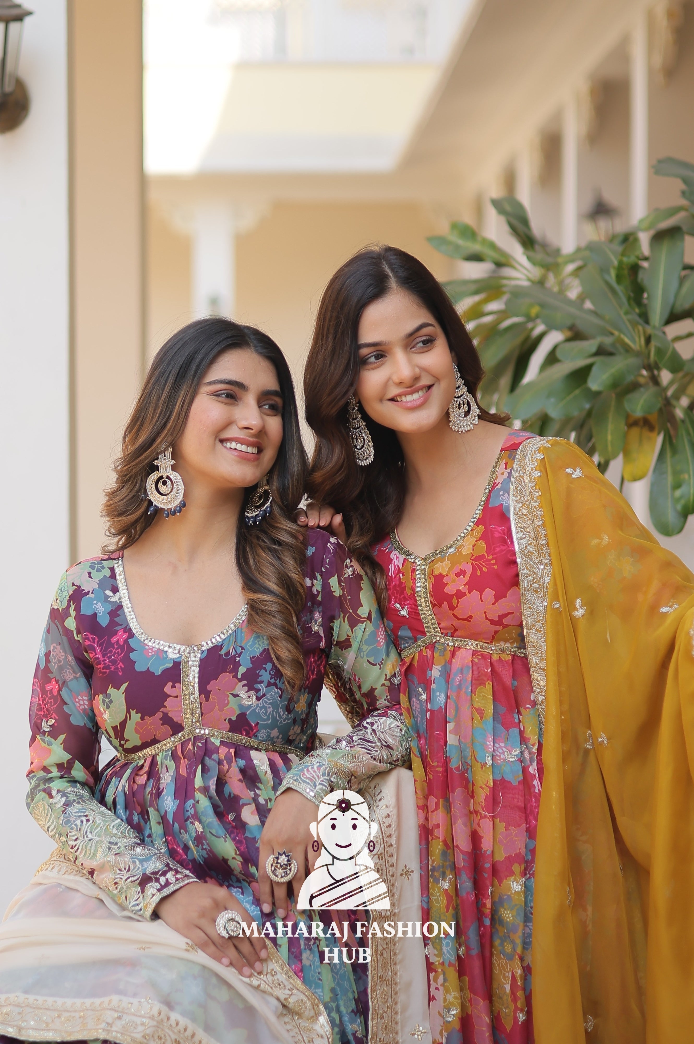 Designer V Neck Russian Silk Gown with Embroidered Dupatta