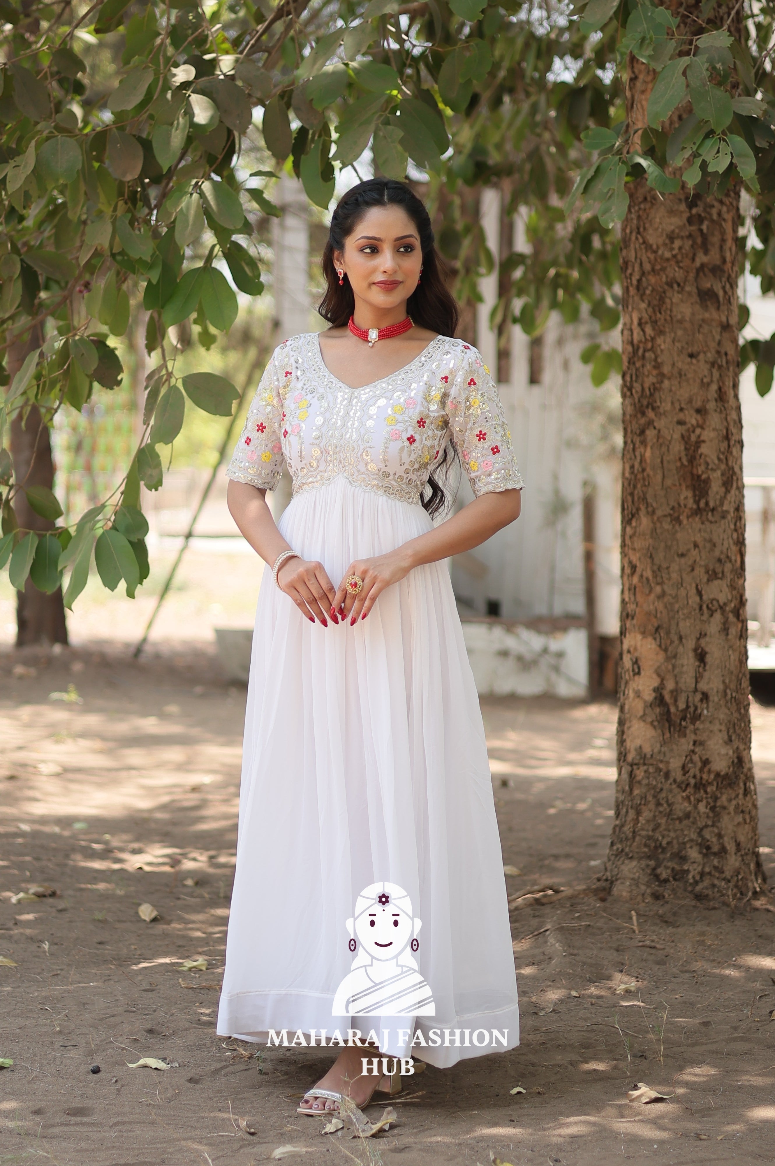 Elegant Embroidered Fabric Gown with Modern V Neckline
