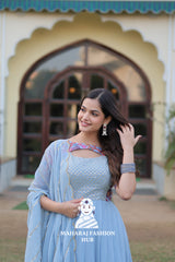 Floral Printed Faux Georgette Gown with Cut-Work Dupatta